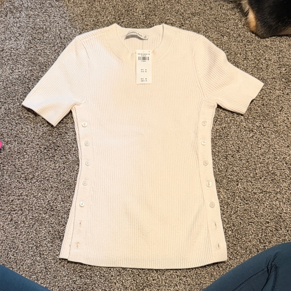 Abercrombie & Fitch Cream Ribbed Short-Sleeve Top with Side Buttons
